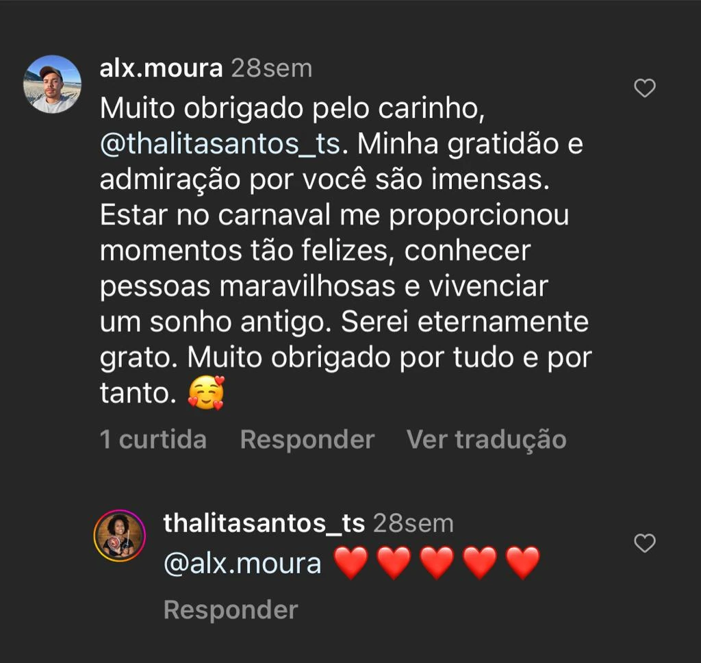Depoimento de Alex Moura — 'Estar no Carnaval me proporcionou momentos tão felizes. Serei eternamente grato por tudo e por tanto.'
