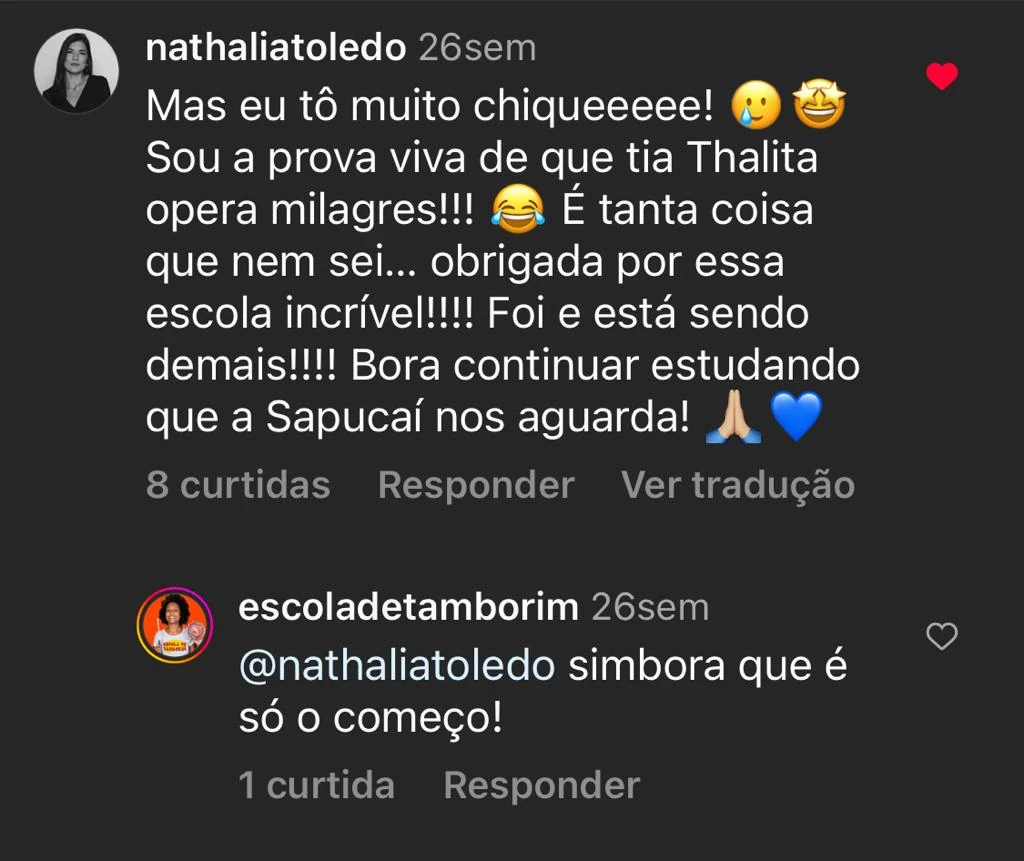 Depoimento de Nathalia Toledo — 'Sou a prova viva de que Tia Thalita opera milagres! Bora continuar estudando que a Sapucaí nos aguarda!'
